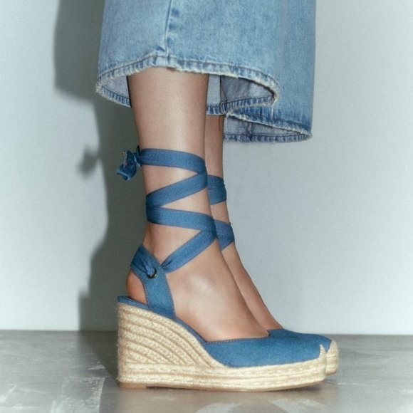 ZARA TIED DENIM WEDGES Blue Sz 9 - Picture 1 of 8